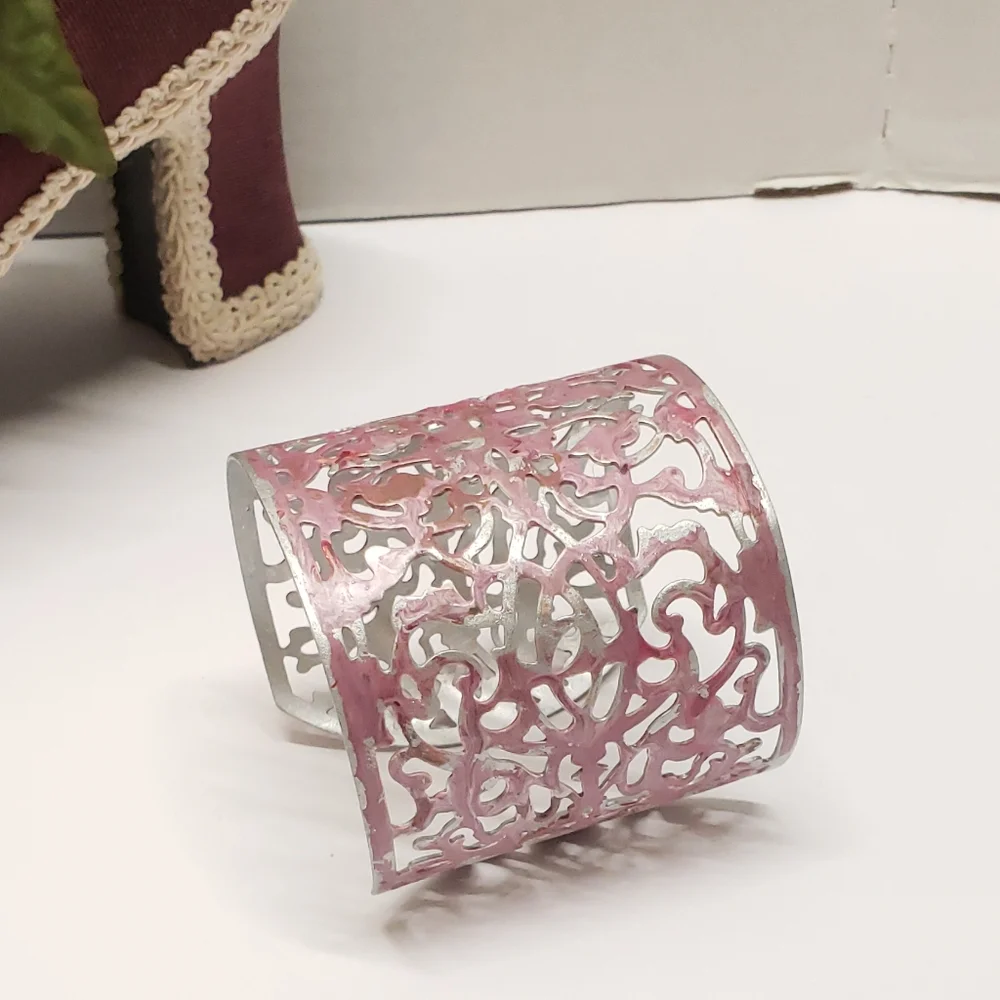 Hand Painted Abstract Pink & Silver Cuff Bracelet Filigree Statement Bracelet